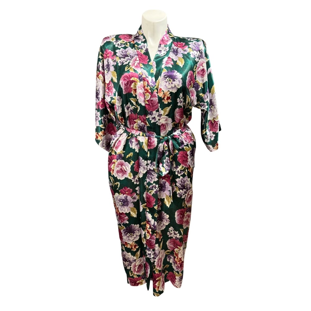 Vintage Inner Most Floral Satin Robe Green Pink Purple Pockets Large Made in USA
